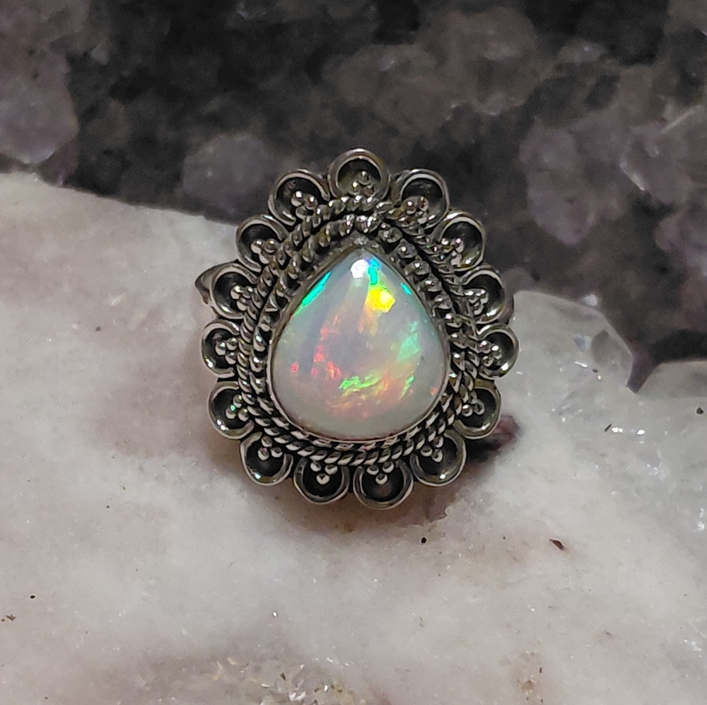 Vintage Style Ethiopian Opal Silver Ring Size 8.25